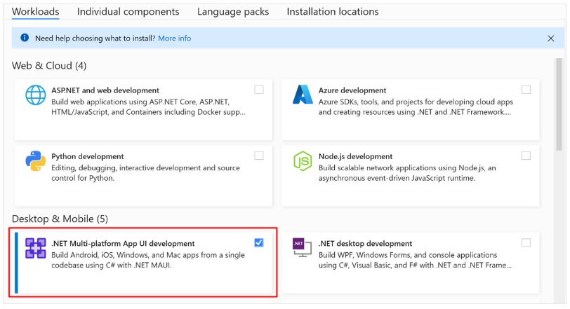 Visual Studio workloads for .NET MAUI.