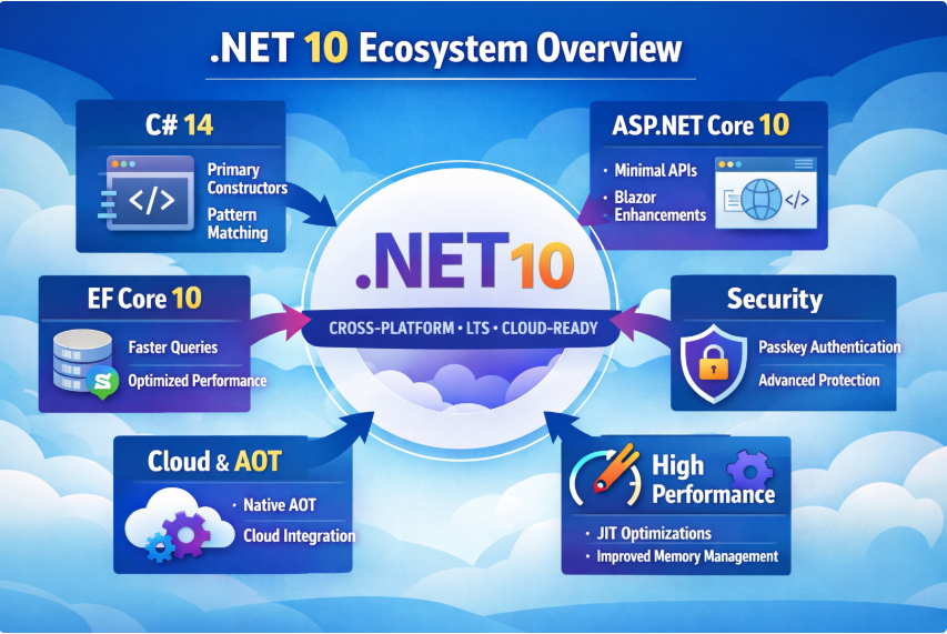 .NET 10 ecosystem overview showing C# 14, ASP.NET Core 10, EF Core 10, runtime performance, cloud and security improvements